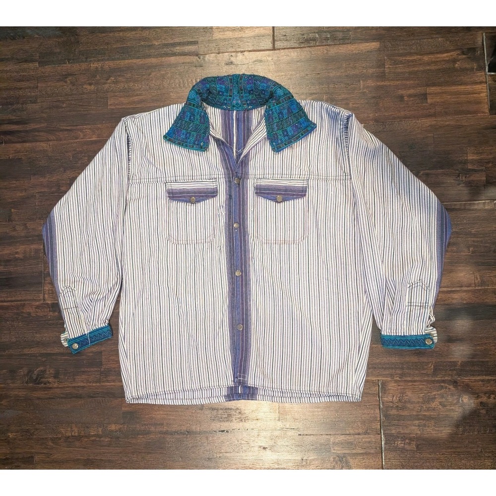 Vintage Handmade Guatemalan Striped‎ Shirt Jacket Mens 2XL Aztec Cowboy Western